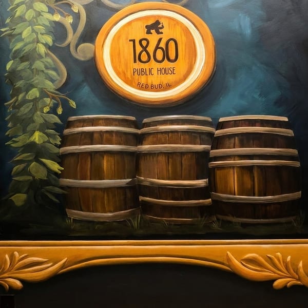 A framed mural depicts three wooden barrels, hops, and an "1860 Public House" sign.