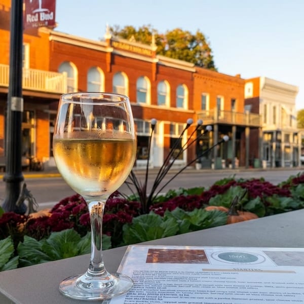 A glass of white wine and a menu on an outdoor table with a charming brick building streetscape.