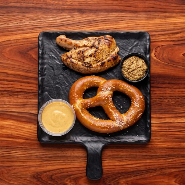Grilled chicken breast, a pretzel, and two dipping sauces on a black platter.