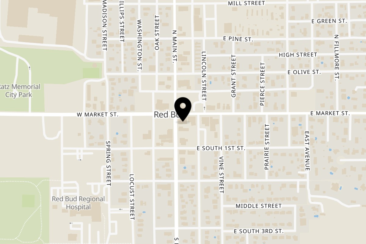 Map showing the location of 1860 Public House on 102 S Main St in Red Bud